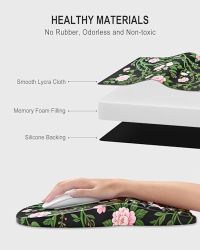Auhoahsil Ergonomic Mouse Pad with Wrist Rest, Comfortable Slope Computer Mouse Mat with Wrist Support, Memory Foam Filling, Non-Slip Silicone Base, Pain Relief for Gaming Work, 8" x 12", Black Vines