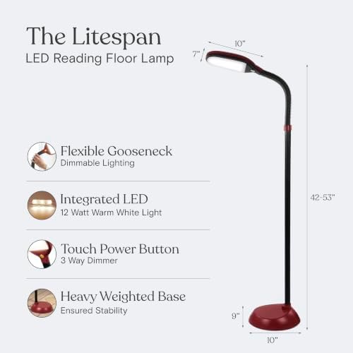 Brightech Litespan - Bright LED Floor Reading Lamp for Over Chair Crafts and Reading, Estheticians' Light for Lash Extensions, Adjustable Standing Lamp for Living Room, Bedroom, Office - Red