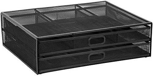MOUNT-IT! Computer Monitor Stand With Drawers, Metal Mesh Riser and Organizer for Laptops and Computer Screens, Laptop, and Printer Accessories and Office Supplies (Black)