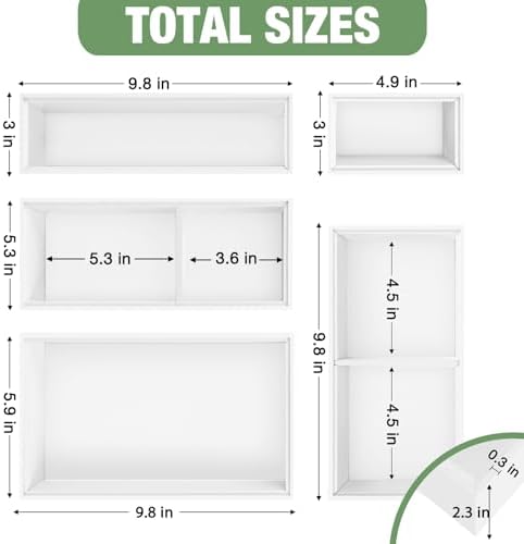 Bamboo Drawer Organizer,5 PCS White Bathroom Tray&Desk Organizers and Storage,Cabinet Divider With Removable Silverware Organization for Kitchen,Utensils,Junk,Office,Makeup
