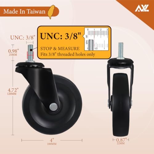 4 Inch Caster Wheels 3/8 Threaded Stem Caster Wheels, Heavy Duty Rubber Industrial Swivel Wheels for Workbenches, Carts, Shelving (4 Pack, 2 with Brake)