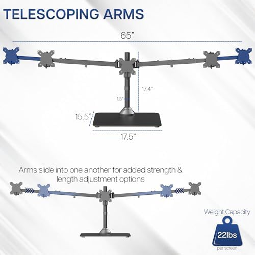 VIVO Premium Freestanding Triple Monitor Desk Mount for 3 Screens up to 22 lbs, Fits up to 38 inch Ultrawides on Center Bracket, Adjustable Telescoping Arms, Flush Wall Setup, Black, STAND-TS03F