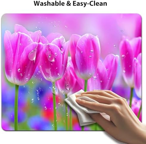 9.5x7.9 Inch Office/Gaming Mouse Pad, Blossoming Pink Tulips Flowers in a Vibrant Garden Floral Art Cute Anti-Slip Mat for Desk
