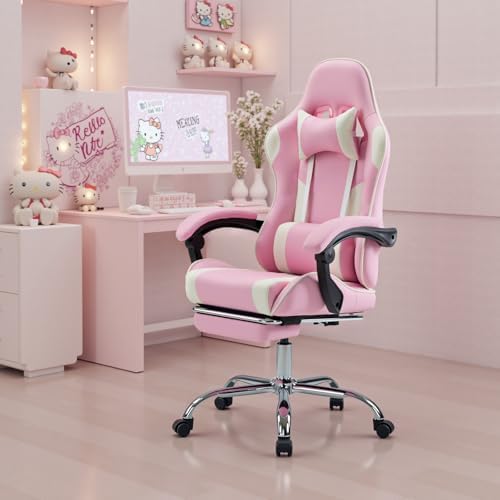 NEWBULIG Gaming Chair with Footrest – Ergonomic High-Back with Lumbar & Headrest Support, Comfy PU Leather Recliner with Linkage Armrests, Adjustable Height, 360° Swivel, Pink