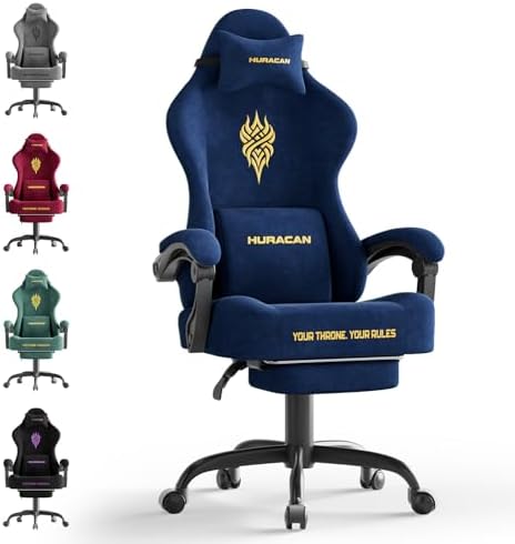 Ferghana Velvet Fabric Gaming Chair - 20.5″ Wider Seat Cushion, Fire Embroidery, Ergonomic High Back Game Chair with Footrest | Computer Chair with Massage Lumbar Support for Adult, Navy