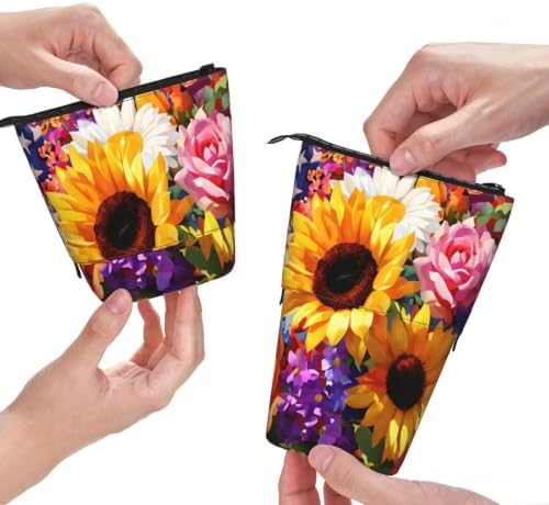 Sunflower Flower and American Flag Standing Pencil Case