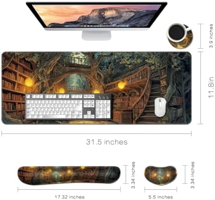 Desk Mat, Large Gaming Mouse Pad with Wrist Rest, 4 in1 XXL Mouse pad+Keyboard Wrist Rest+Mouse Pad Wrist Support+Cup Coaster Set, Ergonomic Desk Pad for Home Office, Trees Library