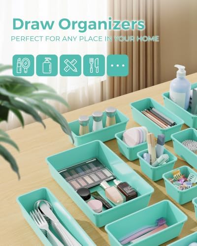 BiuLeon 25 PCS Plastic Drawer Organizers Set, 4-Sizes Vanity and Makeup Organizer, Desk and bathroom Drawer Organizer Trays, Organizers and Storage for Makeup, Jewelry, Gadgets, Utensils (Blue)