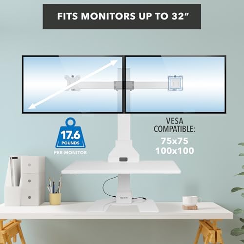 Mount-It! Electric Standing Desk Converter, Motorized Sit Stand Desk Riser with Dual Monitor Mounts, Adjustable Height Ergonomic Workstation with 28” Wide Platform and Tablet/Phone Slot, White