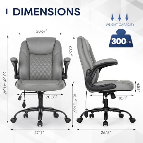 MALOL Leather Office Chair, Computer Desk Chair with Adjustable Lumbar Support, Thick Cushion, Flip-Up Arms and Ergonomic Back, Comfy Executive Office Chair for Home Office Gaming,Grey