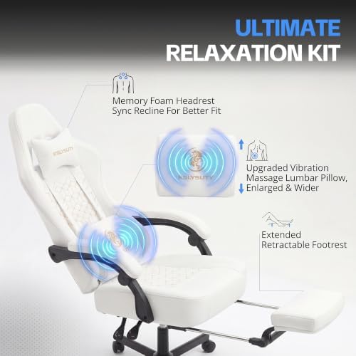 Gaming Chair Breathable Leather with Pocket Spring Cushion, Wide and High Ergonomic Office Chair with Headrest, Computer Gaming Chair with Footrest for Adult and Teen (White)