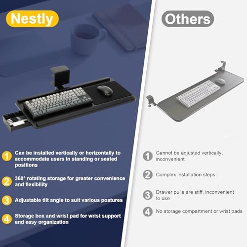 Adjustable Under Desk Keyboard Tray, 25"×10.6"360° Rotating Ergonomic Tray