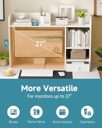 LAND·VOI Desktop Bookshelf with Drawer, Desk Hutch with 4 Storage Shelves for Computer Desk, Desk Shelf for Home Office Dorm, Dressing Tabletop, Bar Countertop, White