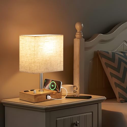 Wood Grain Table Lamp for Bedroom, Stepless Dimmable, USB C+A, 2 AC Outlets