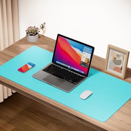 Boutilon Leather Desk Pad Protector,Non-Slip Mouse Pad,Laptop Desk Pad,Office Mouse Mat,Waterproof Leather Desk Blotter,Desk Writing Pad for Office and Home (XXL-Bright Blue,47.2"x 17")