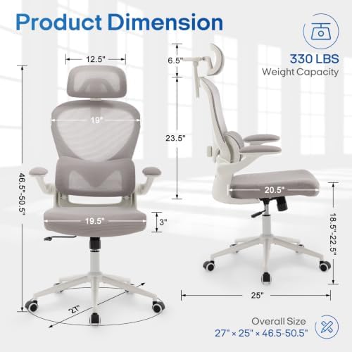 LuxErgo Ergonomic Office Chair, High Back Home Office Chair with 4D Adjustable Headrest & Lumbar Support, 330lbs Capacity Mesh Desk Chairs with Flip-Up Arms, Comfortable Computer Chairs, Gray