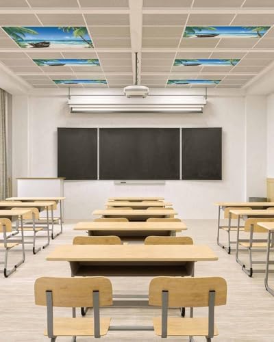 Summer 4 Pcs Fluorescent Light Covers, Ocean Beach Palm Tree Nautical Vessel Magnetic Filters Shade Panel Light Covers for Ceiling Lights Classroom Office Home Ceiling Decoration, 4 x 2 Ft