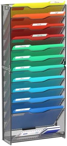 samstar 12 Tier Wall File Organizer, Hanging Wall Mount File Holder Paper Folder Mail Organizer, Mesh Metal, Black.