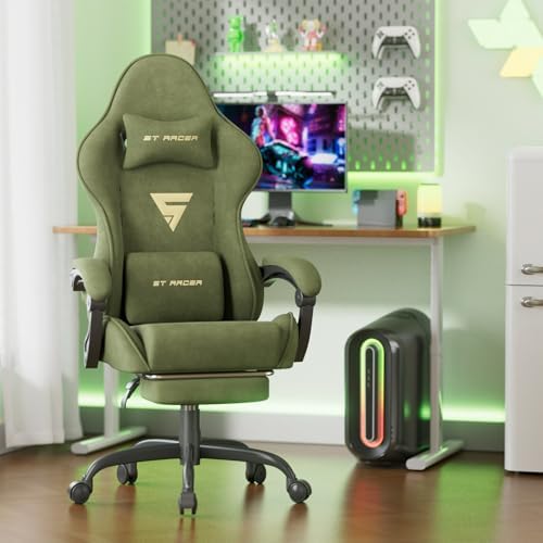 Soontrans Green Velvet Gaming Chair with Footrest, Ergonomic Reclining Computer Desk Chair, Massage Lumbar Cushion & Headrest, Comfortable Video Game Chair for Adults