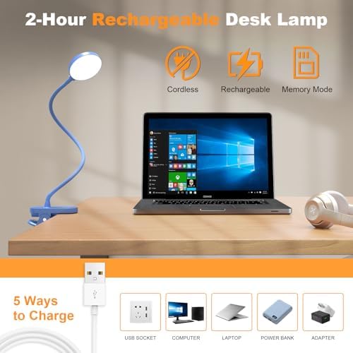 Cordless Clip on Reading Light, Rechargeable LED Book Lamp for Kids, Flexible and Dimmable Clamp Light with 3 Color Modes & 10 Brightness for Students Dorm Room Desk Bunk Bed Headboard (Blue/3.5'')