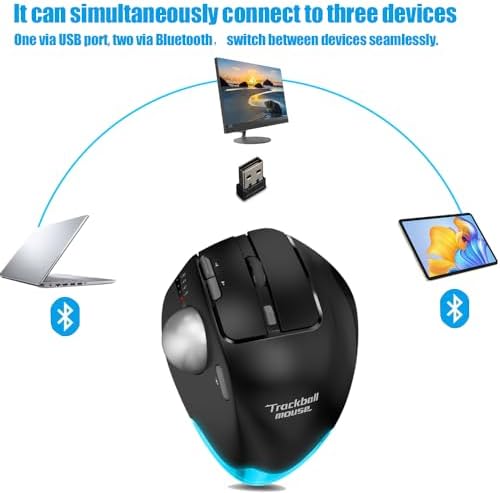 zelotes Trackball Mouse,Rechargeable Wireless Bluetooth Mouse,4800 DPI (5-Level Adjustable), Dual Mode (BT 5.0/3.0 + 2.4G USB Receiver),LED Lighting,Ergonomic Design,for Laptop, PC, Pad (Black)