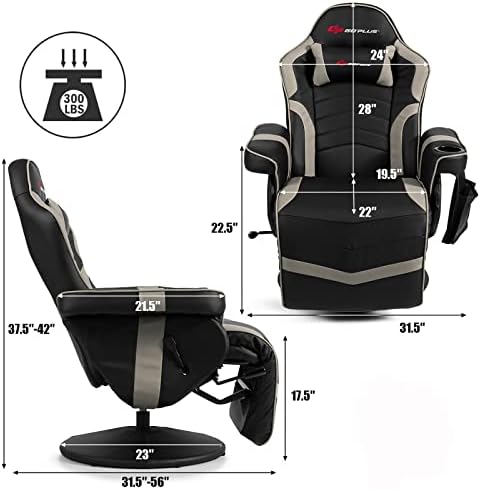 POWERSTONE Gaming Recliner, PU Massage Gaming Chair with Footrest, Cup Holder, Headrest and Side Pouch, Adjustable Single Sofa Living Room Chair(Gray)