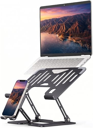Adjustable Laptop Stand with Phone Holder, Ergonomic Alloy Steel Laptop Riser, Portable & Foldable Computer Stand for Desk, Compatible with MacBook Pro/Air All 10-18" Laptops (Black)