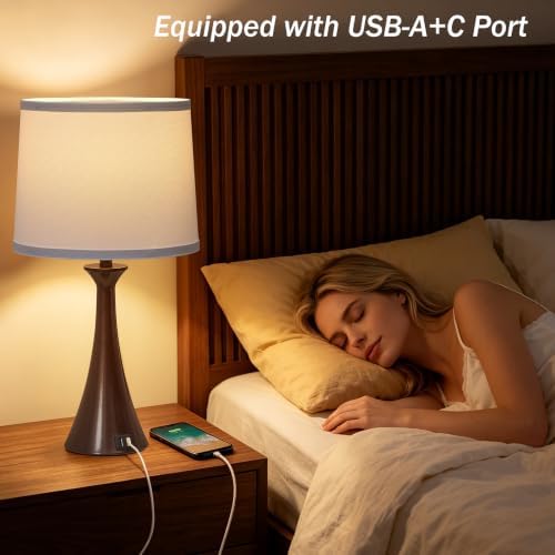 Touch Table Lamps Set of 2, 21" Bedside Lamps with USB C+A, Brown