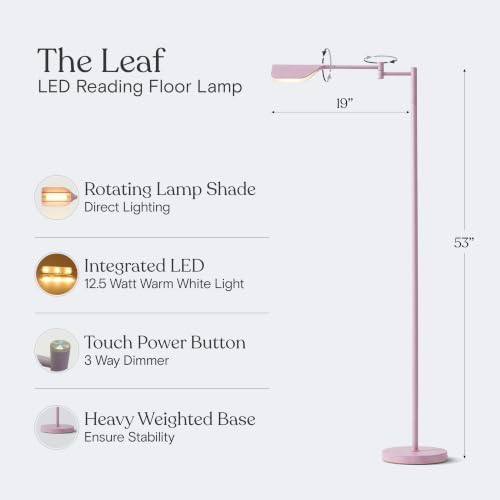 Brightech Leaf Pharmacy LED Reading Lamp, Dimmable Floor Lamp with Easy Rotation Over Chair or Desk for Living Rooms & Offices, Adjustable Standing Tall Lamp, for Sewing & Crafts - Matte Pink