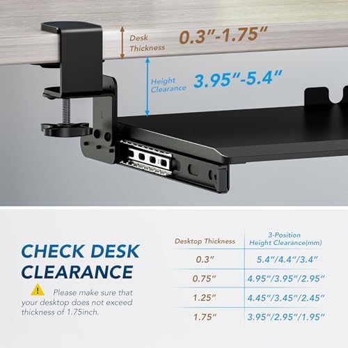 AX WABER Keyboard Tray Under Desk Pull Out with 3 Height Adjustable Extra Sturdy C Clamp Mount System, 32.8 (38 inch Including Clamps) x 12 Inch Slide-Out Platform Computer Drawer for Typing