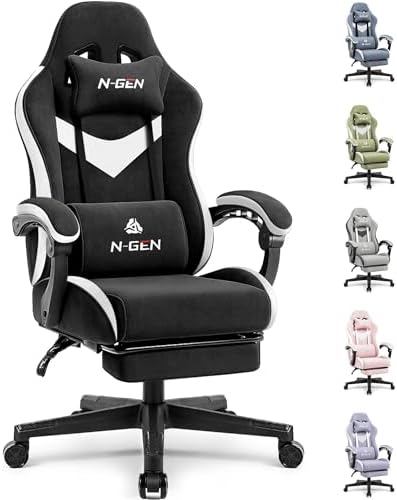 N-GEN GAMING Gaming Chair, Reclining Backrest, Footrest, Fabric, Black
