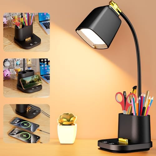 LED Desk Lamp for Dorm 2 USB Ports, Dorm Room Essentials, Small Table Lamp for Home Office, College Dorm Room Gifts, Gooseneck Desk Light with Charger Storage Box for Study, Reading, Craft, Work, Task