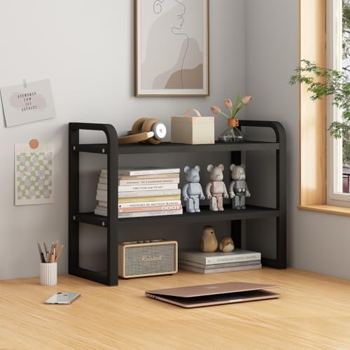 Office Desk Shelf Organizer, Wood Desktop Bookshelf Supplies Storage Rack, Shelf for Top of Desk and Dresser and Cubicle Decor Aesthetic Bookshelf (Black Black-Two Tier)