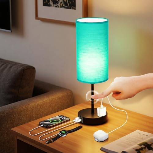 Table Lamp with USB Port - Teal Desk Lamp, Green Touch Lamp, Bedside Lamps, 3 Way Dimmable Small Lamps for Bedroom, Nightstand, Nursery, Dorm, Home, Office, Black Base+ Green Lampshade