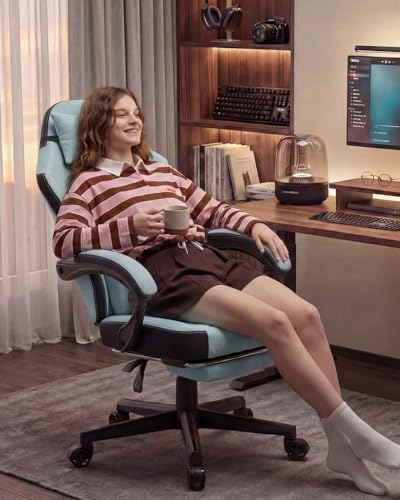 Dowinx Gaming Chair, Fabric Gaming Chairs for Adults with Pocket Spring Cushions and Lumbar Support, Ergonomic Massage Computer Chair with Footrest for Big and Tall, Aqua