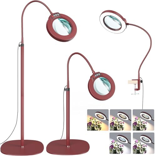 15X Magnifying Glass with Light and Stand, Optical Grade Real Glass Lens, 5 Color Modes, Stepless Dimmable, 24" Flexible Gooseneck 3-in-1 Floor Lamp, LED Lighted Magnifier Hands Free for Hobby - Red
