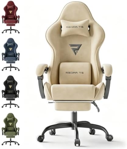 Ferghana Ergonomic Velvet Gaming Chair with Massage, Footrest & Reclining High Back, Racing Style Computer Desk Chair for Adults, Home Office Use, Beige