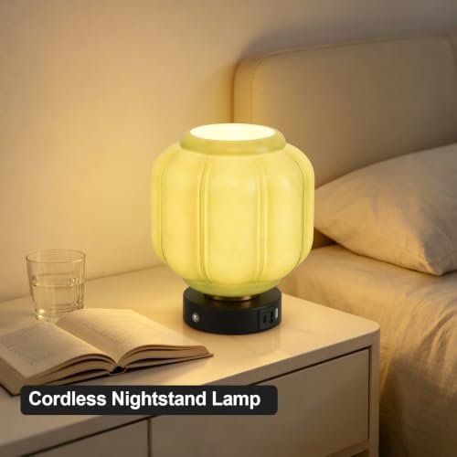 Rechargeable Table Lamp, Cordless Green Glass Bedside Lamp Small