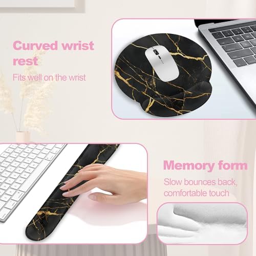 Golden Black Flowing Marble Mouse Pad with Wrist Rest and Keyboard Wrist Rest Set, Non-Slip Rubber Base Memory Foam Mouse Pad Set for Women, Office Desk Accessories, Gaming