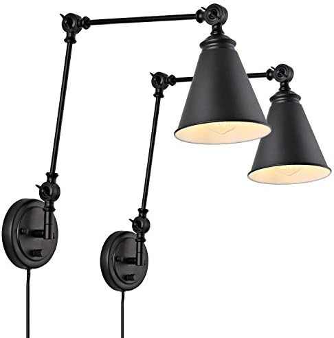 WINGBO Farmhouse Swing Arm Wall Sconce Set of 2, Industrial Adjustable Wall Lamp Light Fixture for Living Room Bedroom Vanity Study Desk Office, Plug in or Hardwired, Black