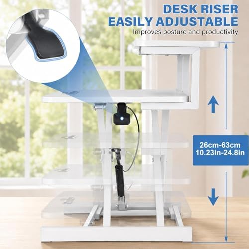 37" Height Adjustable Standing Desk Converter, 4.9" to18.5 Height Adjustable Sit Stand Up Desk Riser with Secondary Desks, Desktop Workstation Riser for Home Office Computer Laptop, White