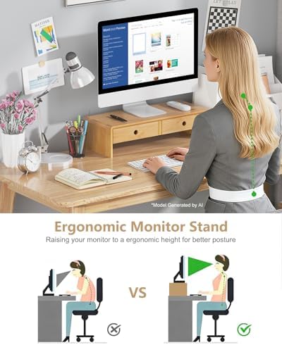 Ufine Bamboo Monitor Stand with 2 Drawers & Keyboard Storage