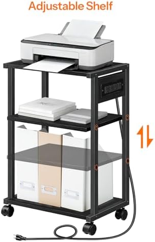 HOOBRO Industrial Printer Stand with Charging Station, 3-Tier Printer Table, Rolling Printer Cart with Adjustable Shelf and Hook, Black BB28UPS01