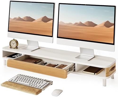 Fenge Dual Monitor Stand with Large Storage Drawer, 42.5" Desk Shelf, White