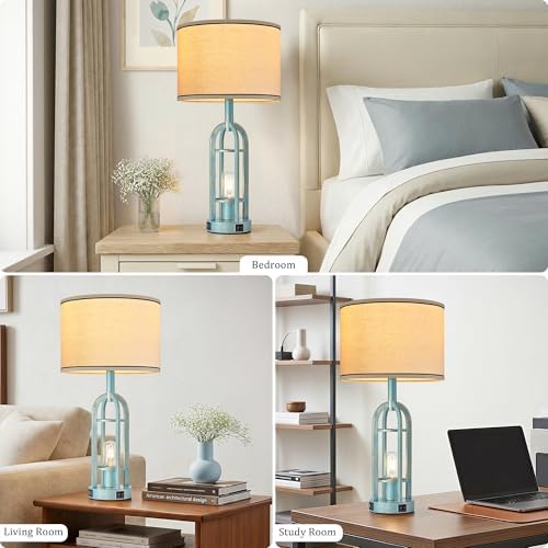SRJJA 24" Farmhouse Table Lamps for Living Room Bedroom Set of 2, USB A+C