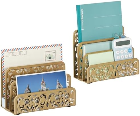 EasyPAG Mail Organizer Countertop 2pc Desk Mail Sorter for Envelope 3-Slot Vertical Letter Holder for Office, Home, School, Gold
