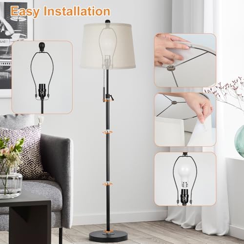 JUNNAI Floor Lamps for Living Room, Black Floor Lamp Adjustable Height Standing Lamp, Dimmable Modern Tall Floor Lamp for Bedroom Office with Beige Linen Shade, 8W 3000K Bulb Included