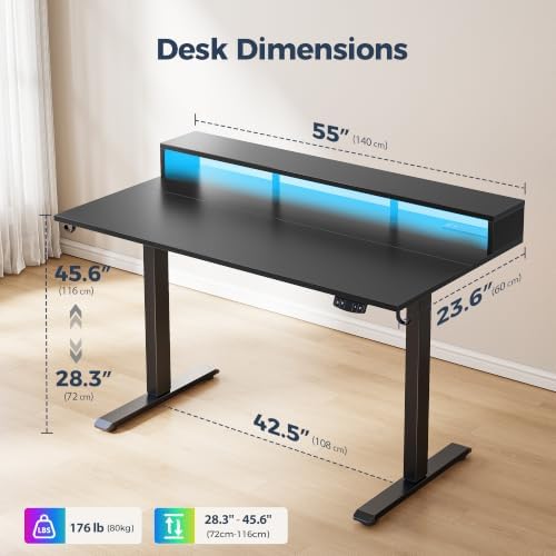 Klicelor Electric Standing Desk with Shelf, 55 Inch Height Adjustable Desk with Power Outlets & LED, Sit Stand Up Table with Monitor Stand, Computer Workstation for Home Office, Black