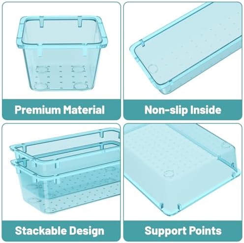 WOWBOX 8 PCS Plastic Drawer Organizer Set, 4 Sizes Desk Drawer Organization and Storage Containers for Makeup, Cosmetics, Jewelry and Gadgets in Kitchen, Bathroom, Bedroom, Office, Clear Sea Blue