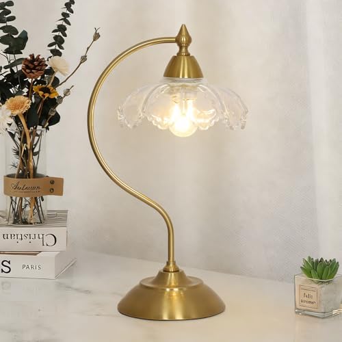 Glass Desk Lamp, Gold Table Lamps for Living Room, Brass Side Table Lamp with Clear Flower Shade, Desk Lamps for Home Office, Mid Century Modern Nightstand Lamp, Vintage Beside Lamp for Bedroom Decor